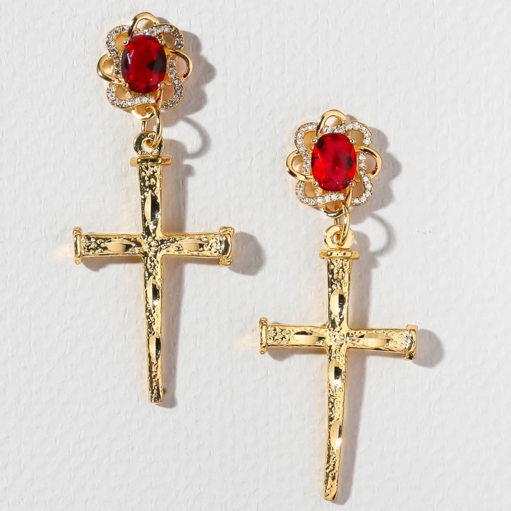 New Vanessa Mooney ARIA RUBY CROSS EARRINGS ruby cross charm pendant earrings